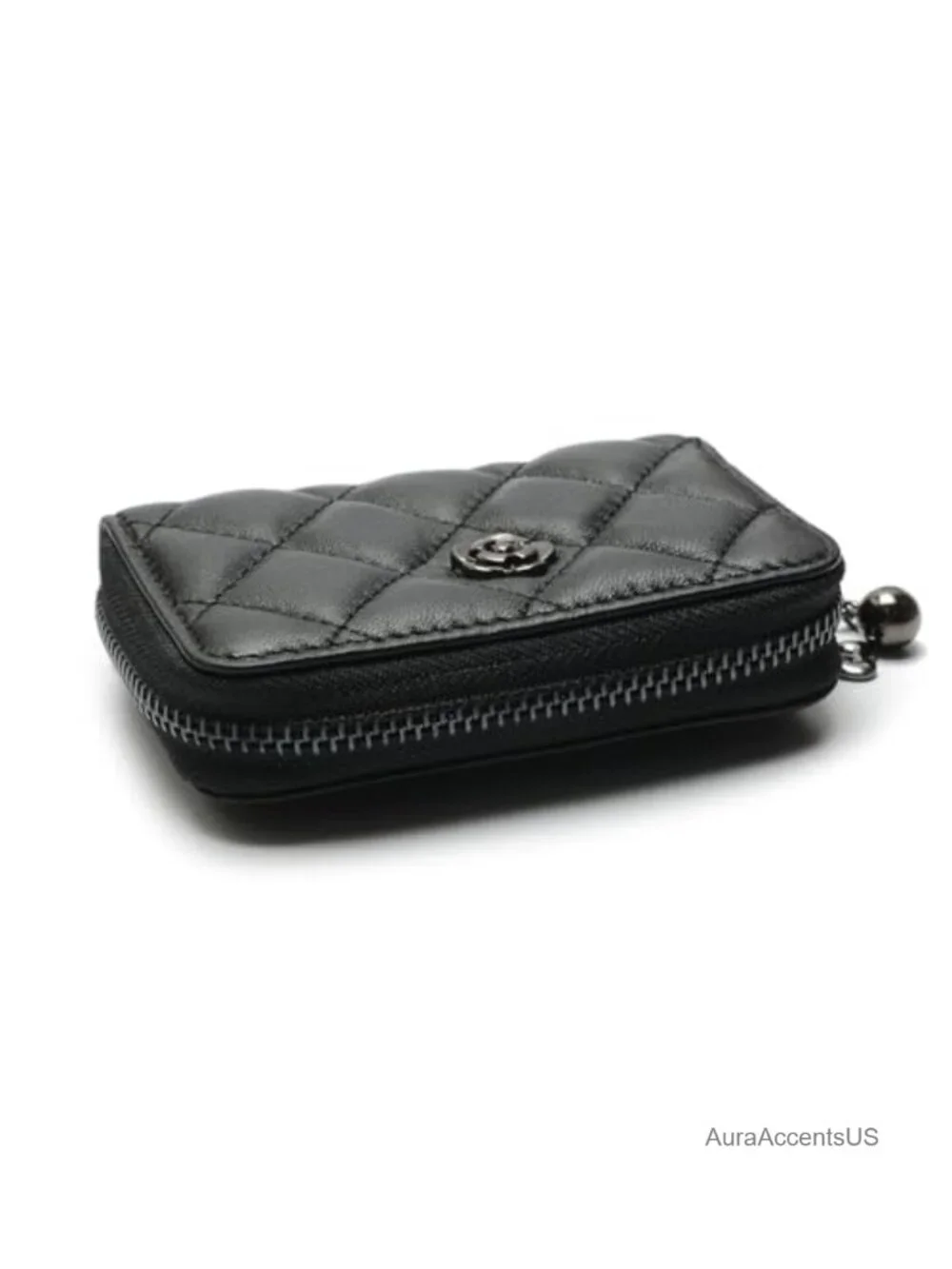 Quilted Leather Zipper Wallet with Detachable Chain Strap